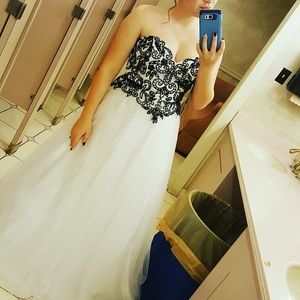 White Prom Dress with Black Beaded Bodice